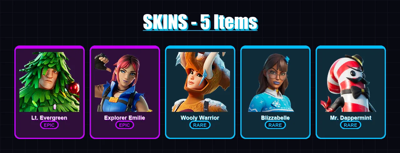 [PC/XBOX/PSN] | Lt. Evergreen | Explorer Emilie | Wooly Warrior | Blizzabelle | Mr. Dappermint | 5 skin | 5 pickaxe | 6 emote | 8 glider | Lv69