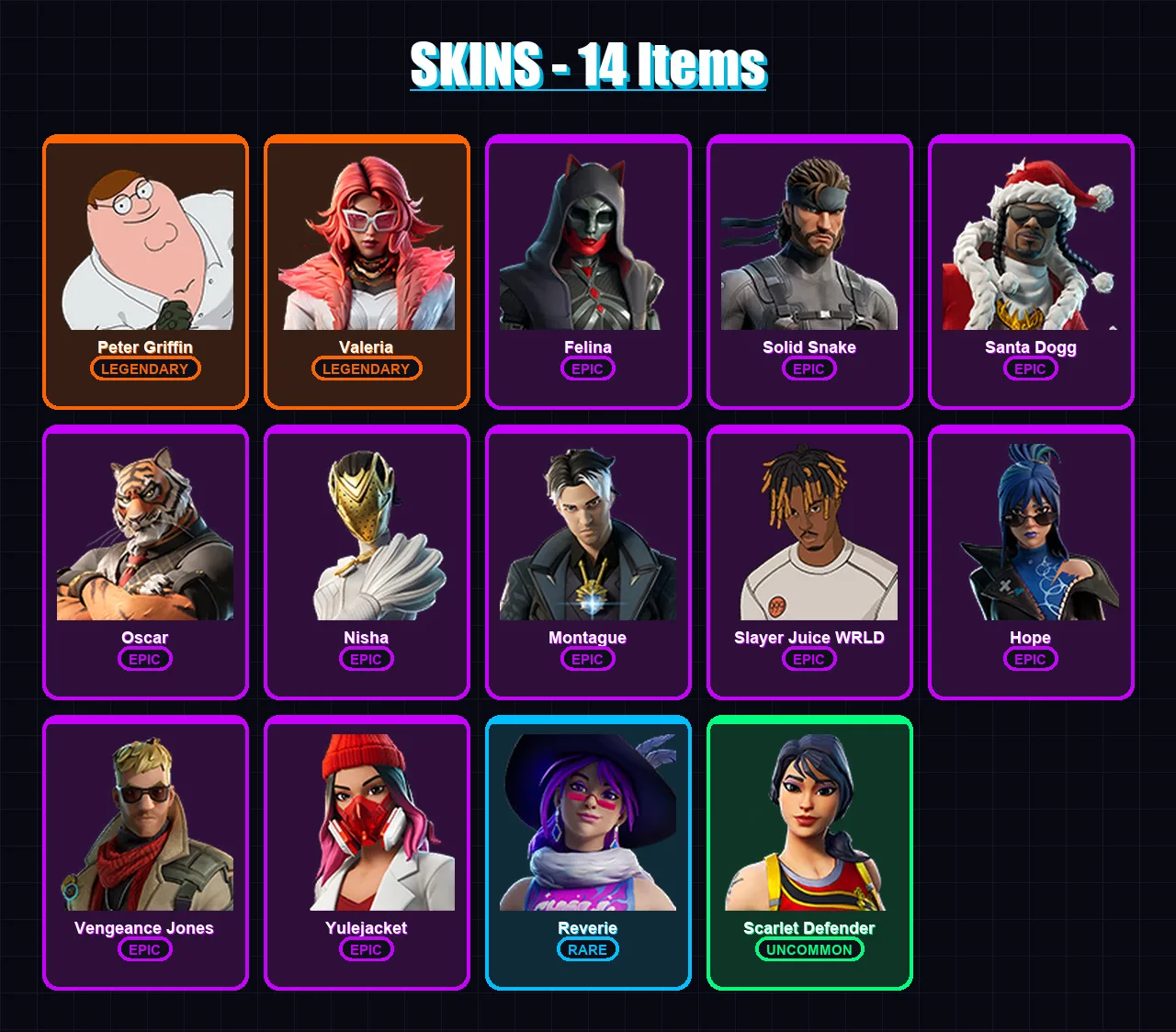 [PC/XBOX/PSN] | Peter Griffin | Valeria | Felina | Solid Snake | Santa Dogg | 14 skin | 49 pickaxe | 27 emote | 32 glider | Lv655 — Fortnite account