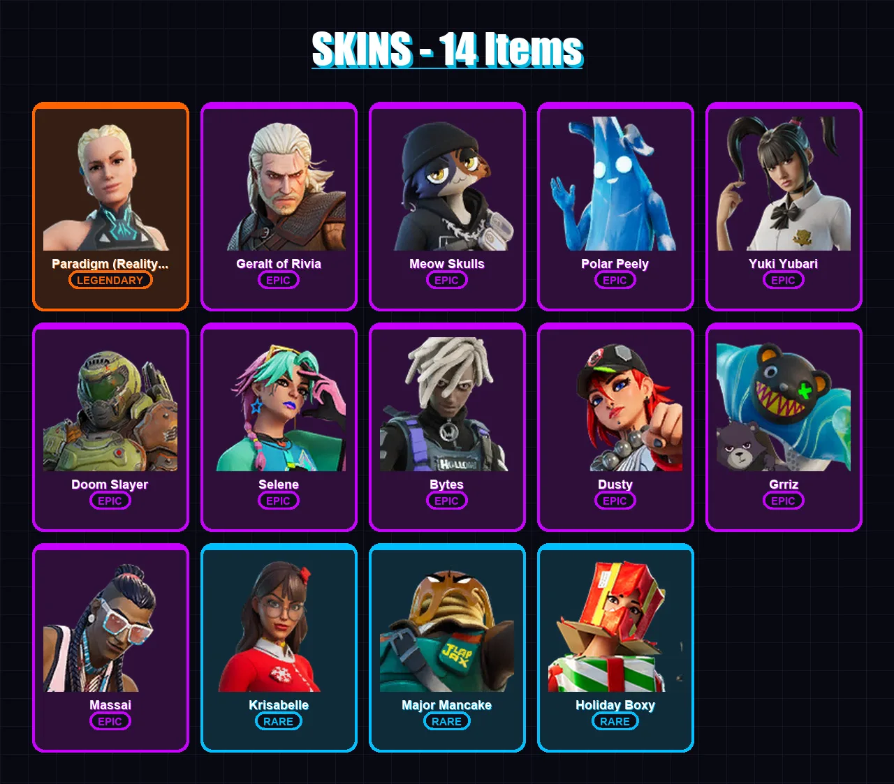 [PC/PSN] | Paradigm (Reality-659) | Geralt of Rivia | Meow Skulls | Polar Peely | Yuki Yubari | 14 skin | 26 pickaxe | 17 emote | 28 glider | Lv341 — Fortnite account