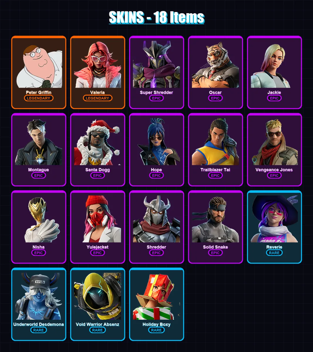 [PC/PSN] | Peter Griffin | Valeria | Super Shredder | Oscar | Jackie | 18 skin | 31 pickaxe | 24 emote | 25 glider | Lv327