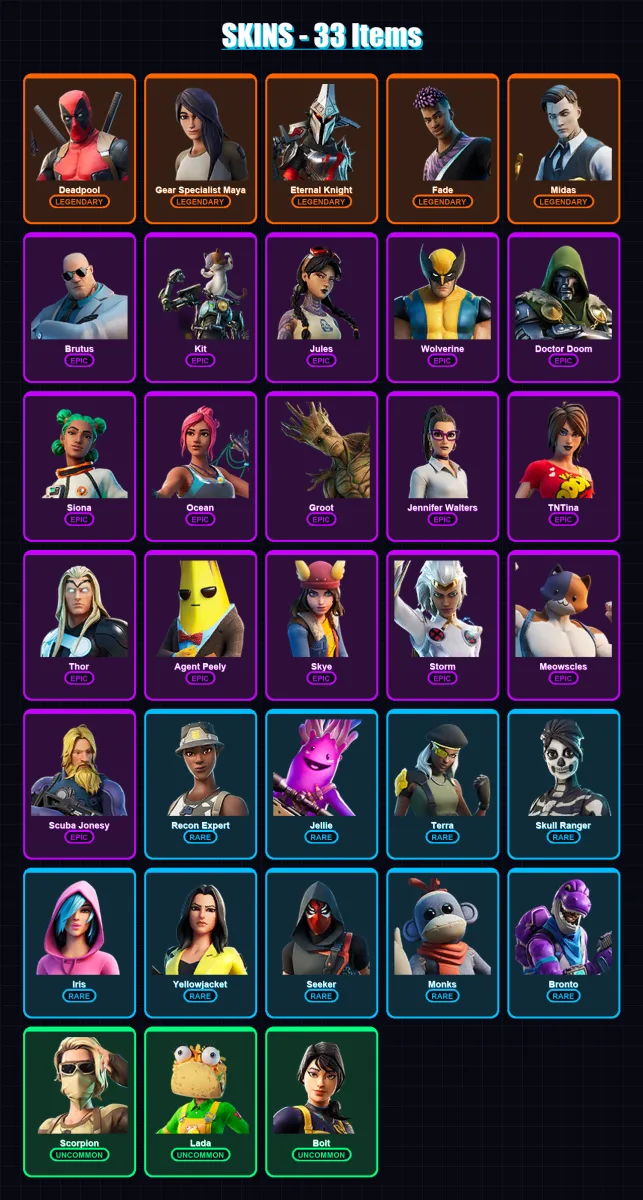 [PC/PSN] | Deadpool | Gear Specialist Maya | Eternal Knight | Fade | Midas | 33 skin | 37 pickaxe | 51 emote | 41 glider | Lv532