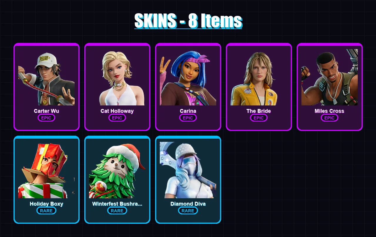 [PC/PSN] | Carter Wu | Cat Holloway | Carina | The Bride | Miles Cross | 8 skin | 30 pickaxe | 25 emote | 28 glider | Lv429