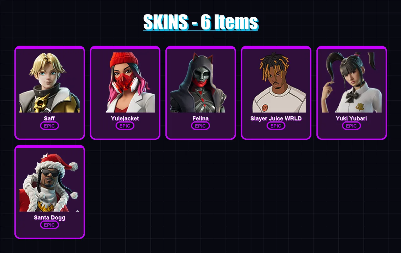 [PC/PSN] | Saff | Yulejacket | Felina | Slayer Juice WRLD | Yuki Yubari | 6 skin | 38 pickaxe | 11 emote | 22 glider | Lv234