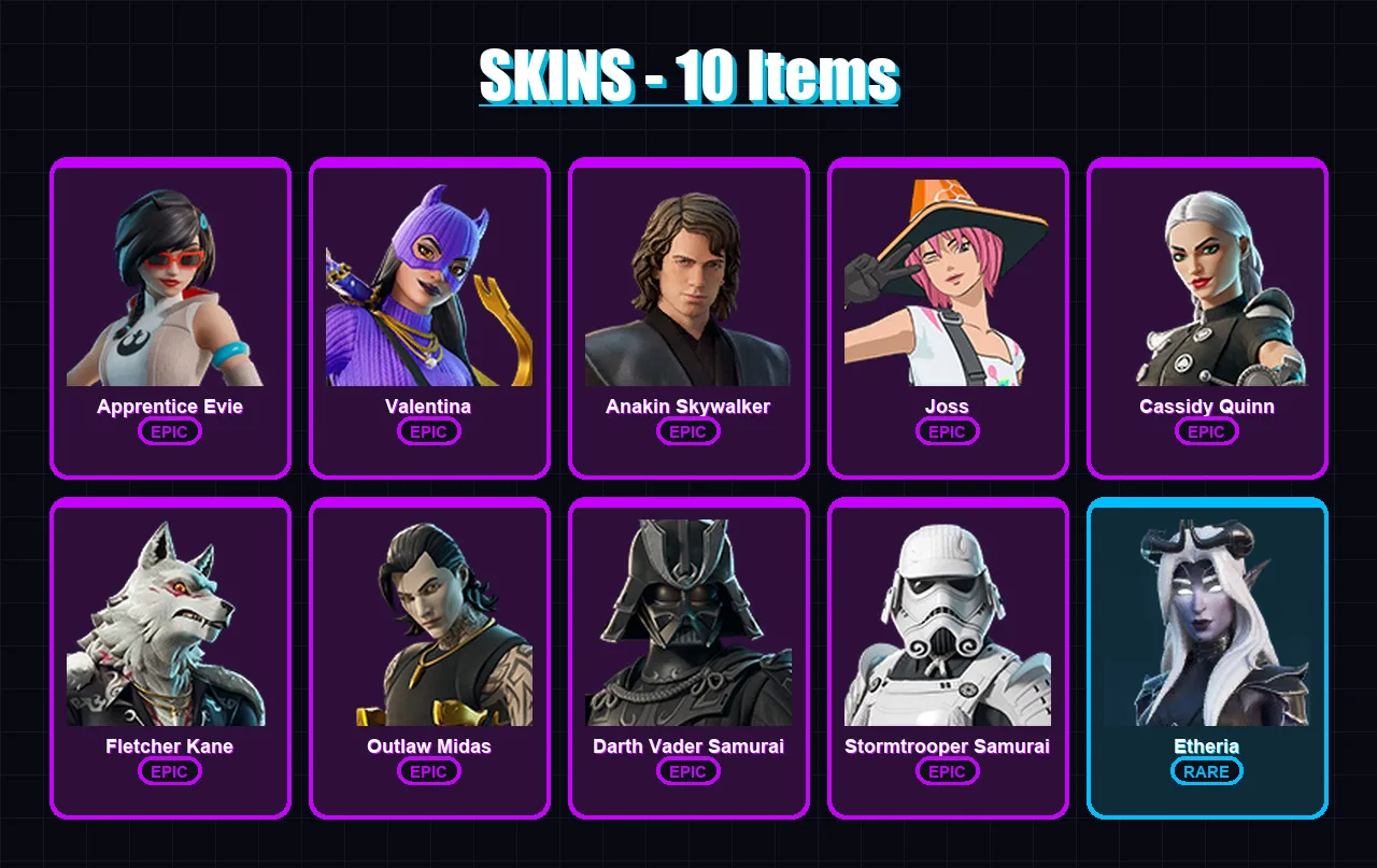 [PC/XBOX/PSN] | Apprentice Evie | Valentina | Anakin Skywalker | Joss | Cassidy Quinn | 10 skin | 12 pickaxe | 11 emote | 10 glider | Lv66