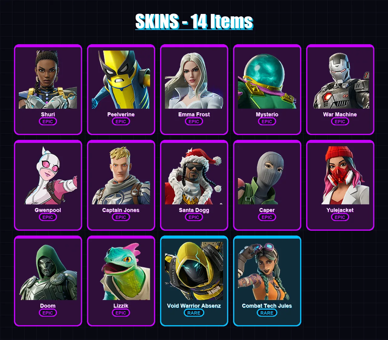 [PC/PSN] | Shuri | Peelverine | Emma Frost | Mysterio | War Machine | 14 skin | 27 pickaxe | 14 emote | 21 glider | Lv256