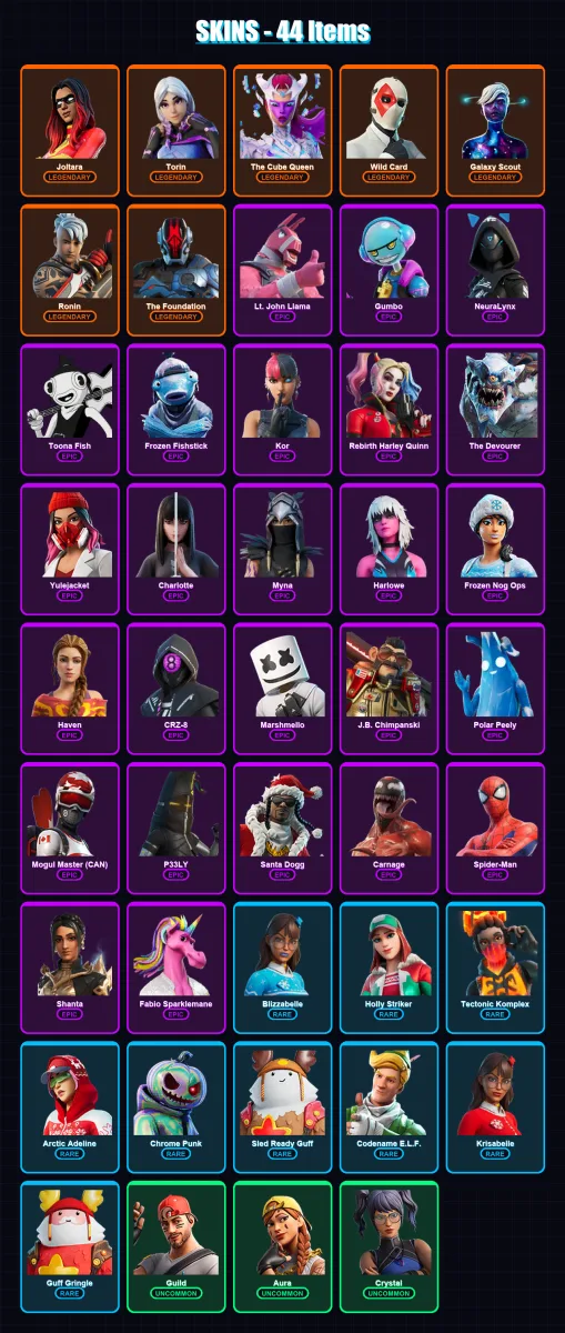 [PC/XBOX/PSN] | Joltara | Torin | The Cube Queen | Wild Card | Galaxy Scout | 44 skin | 72 pickaxe | 46 emote | 47 glider | Lv1314