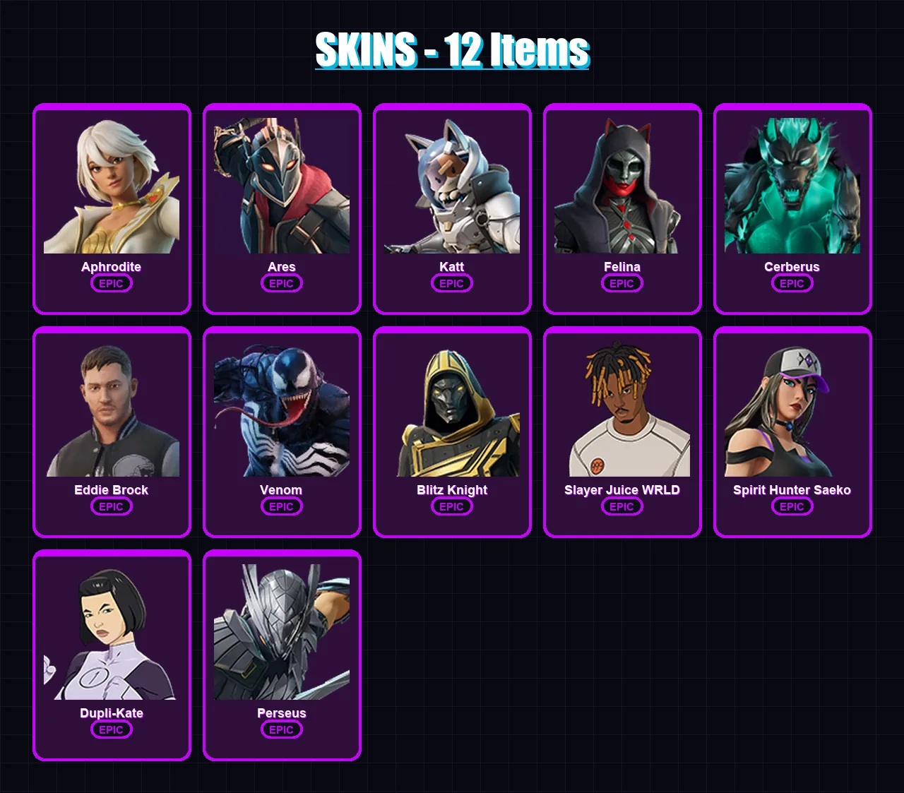 [PC/XBOX/PSN] | Aphrodite | Ares | Katt | Felina | Cerberus | 12 skin | 51 pickaxe | 19 emote | 31 glider | Lv393