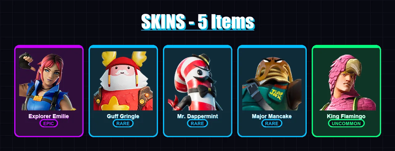 [PC/XBOX/PSN] | Explorer Emilie | Guff Gringle | Mr. Dappermint | Major Mancake | King Flamingo | 5 skin | 3 pickaxe | 5 emote | 9 glider | Lv60
