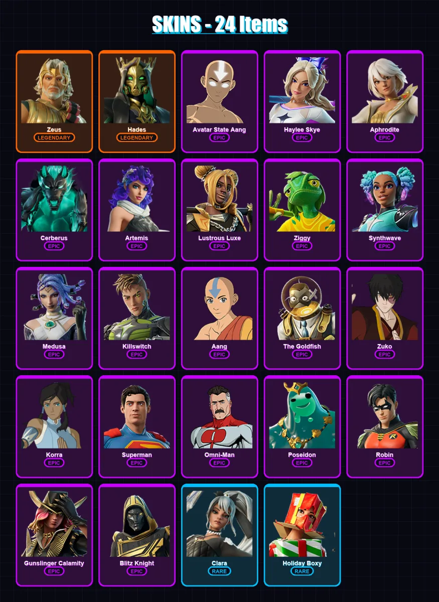 [PC/XBOX/PSN] | Zeus | Hades | Avatar State Aang | Haylee Skye | Aphrodite | 24 skin | 43 pickaxe | 27 emote | 24 glider | Lv441