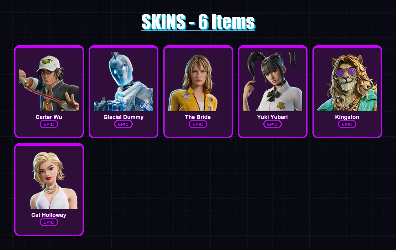 [PS4/PS5/XBOX/PC] | Carter Wu | Glacial Dummy | The Bride | Yuki Yubari | Kingston | 6 skin | 28 pickaxe | 13 emote | 16 glider | Lv107