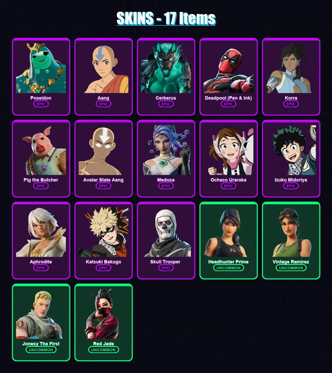 [PC/XBOX/PSN] | Poseidon | Aang | Cerberus | Deadpool (Pen & Ink) | Korra | 17 skin | 38 pickaxe | 27 emote | 29 glider | Lv452