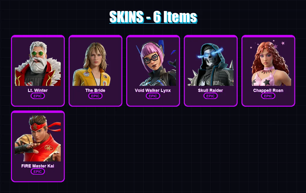 [PC/PSN] | Lt. Winter | The Bride | Void Walker Lynx | Skull Raider | Chappell Roan | 6 skin | 11 pickaxe | 8 emote | 4 glider | Lv37