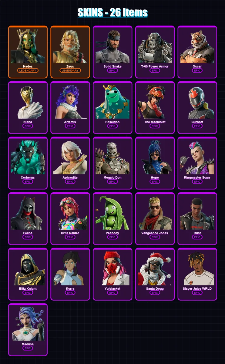 [PS4/PS5/XBOX/PC] | Hades | Zeus | Solid Snake | T-60 Power Armor | Oscar | 26 skin | 61 pickaxe | 38 emote | 47 glider | Lv607