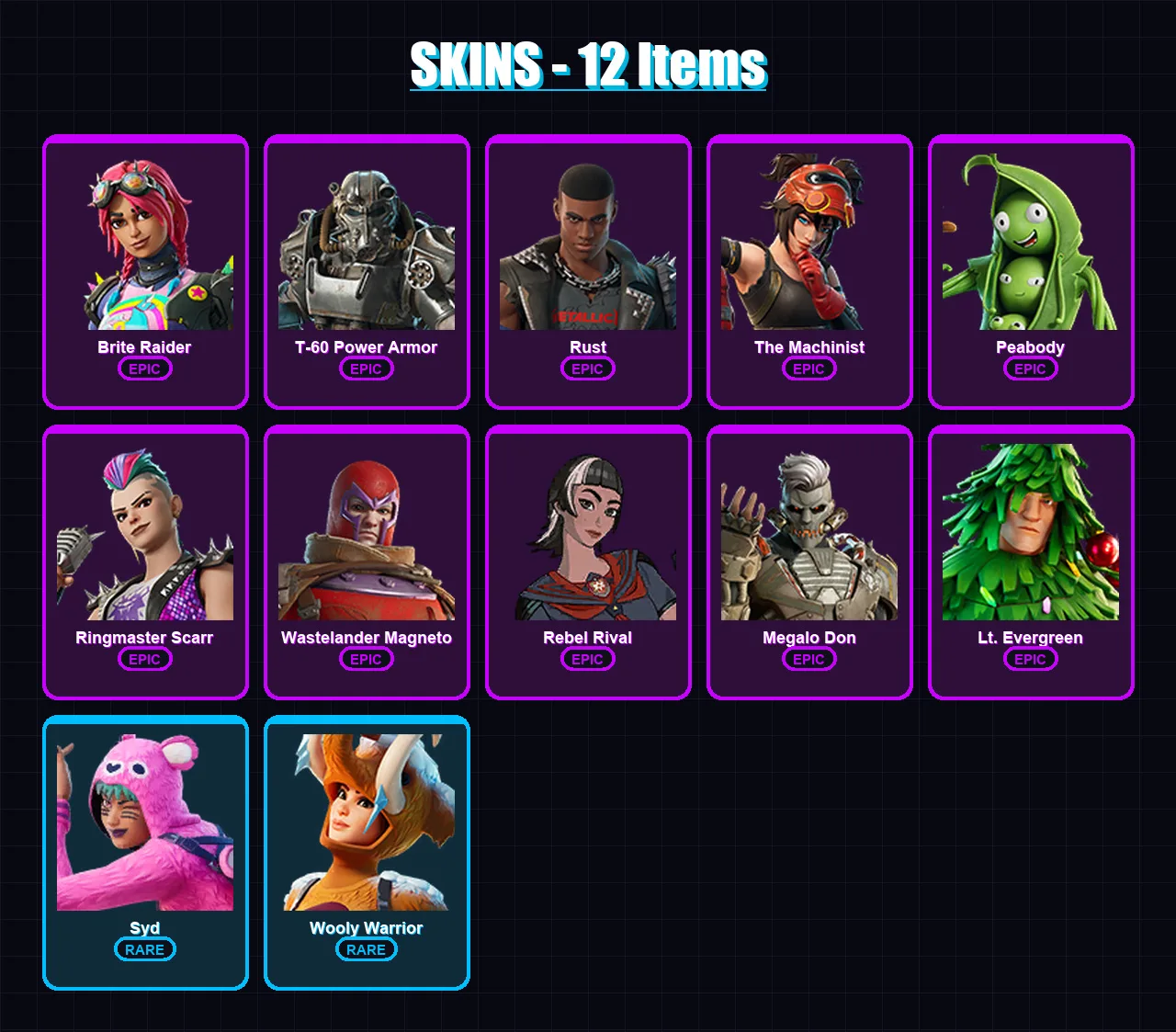 [PC/XBOX/PSN] | Brite Raider | T-60 Power Armor | Rust | The Machinist | Peabody | 12 skin | 31 pickaxe | 29 emote | 26 glider | Lv360