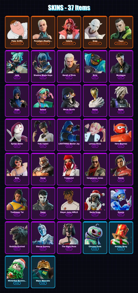 [SWITCH/XBOX/PSN/PC] | Peter Griffin | Paradigm (Reality-659) | Valeria | Snap | Twyn | 37 skin | 72 pickaxe | 38 emote | 53 glider | Lv784