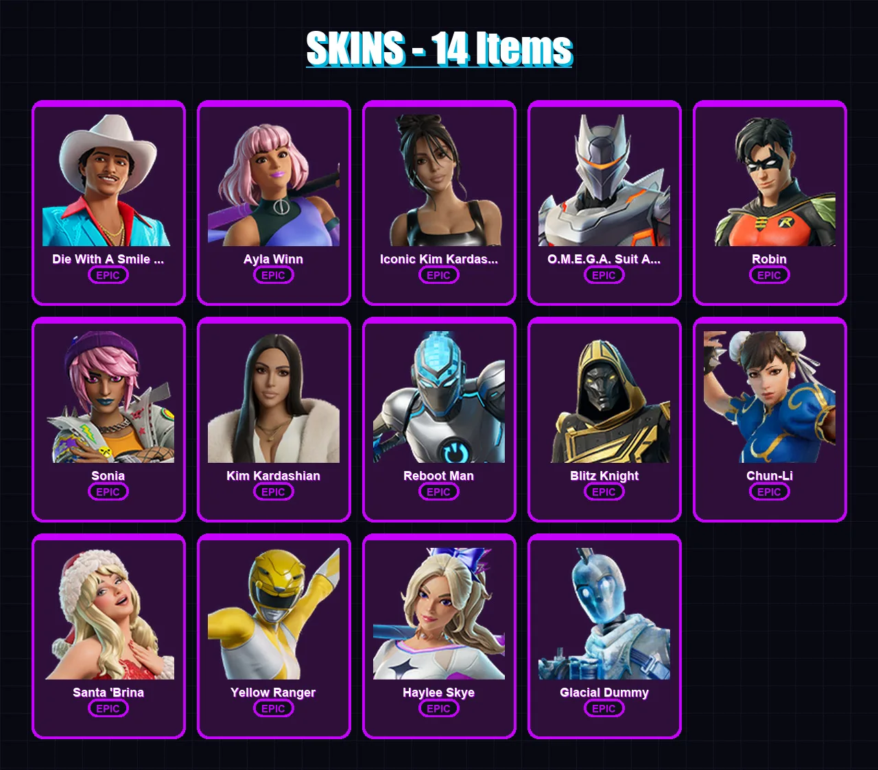 [PC/XBOX/PSN] | Die With A Smile Bruno | Ayla Winn | Iconic Kim Kardashian | 14 skin | Lv48