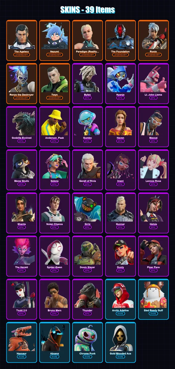 [SWITCH/XBOX/PC] | The Ageless | Nezumi | Paradigm (Reality-659) | The Foundation | Ronin | 39 skin | 41 pickaxe | 35 emote | 44 glider | Lv534