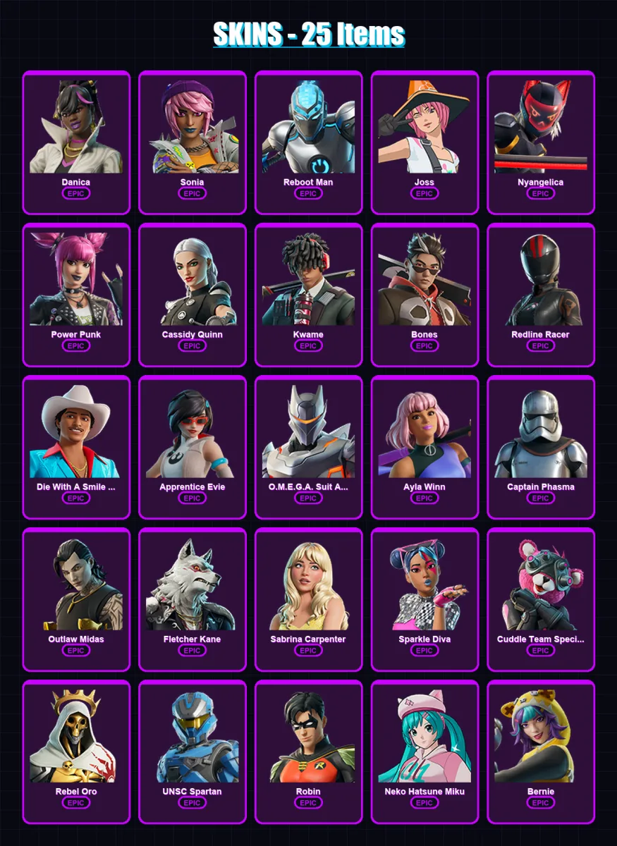 [PC/XBOX/PSN] | Danica | Sonia | Reboot Man | Joss | Nyangelica | 25 skin | 19 pickaxe | 16 emote | 11 glider | Lv55
