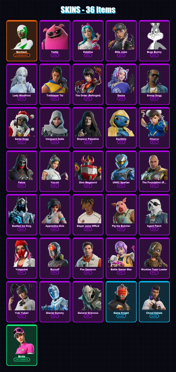 [PC] | Backlash | Yeddy | Katalina | Elite Jules | Bugs Bunny | 36 skin | 90 pickaxe | 42 emote | 54 glider | Lv769