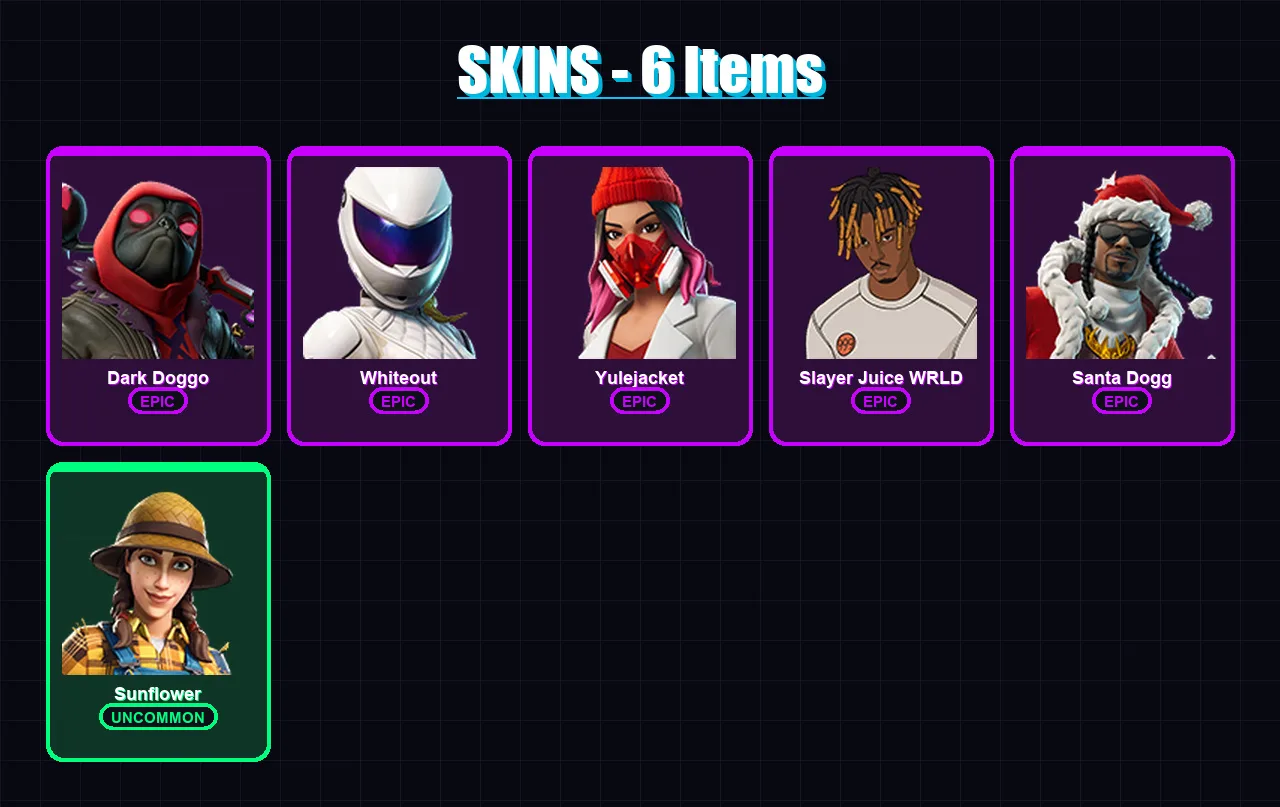 [PC/XBOX/PSN] | Dark Doggo | Whiteout | Yulejacket | Slayer Juice WRLD | Santa Dogg | 6 skin | 22 pickaxe | 8 emote | 11 glider | Lv151