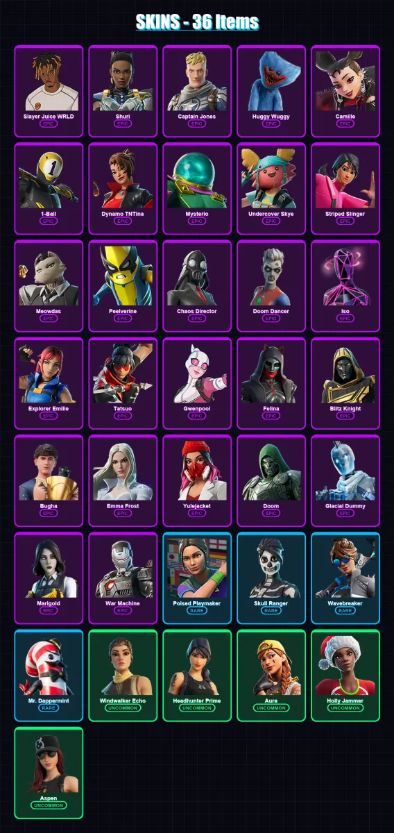[PC/XBOX] | Slayer Juice WRLD | Shuri | Captain Jones | Huggy Wuggy | Camille | 36 skin | 88 pickaxe | 35 emote | 52 glider | Lv727