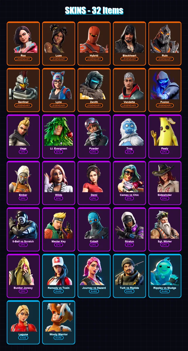 [PC/XBOX/PSN] | Rox | Luxe | Hybrid | Blackheart | Ruin | 32 skin | 31 pickaxe | 61 emote | 27 glider | Lv485