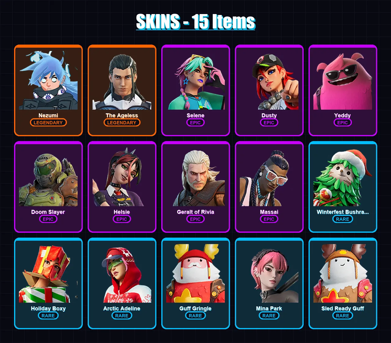 [PC/XBOX] | Nezumi | The Ageless | Selene | Dusty | Yeddy | 15 skin | 19 pickaxe | 16 emote | 21 glider | Lv268