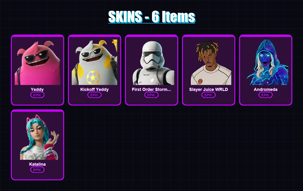 [PC/PSN] | Yeddy | Kickoff Yeddy | First Order Stormtrooper | Slayer Juice WRLD | Andromeda | 6 skin | 13 pickaxe | 6 emote | 8 glider | Lv78