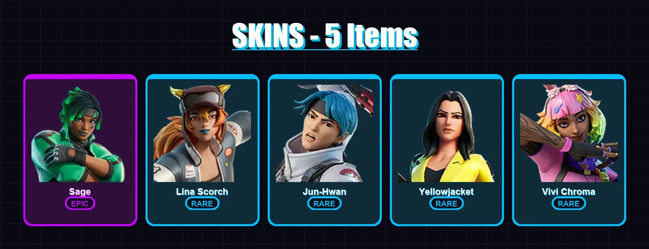 [PS4/PS5/XBOX/PC] | Sage | Lina Scorch | Jun-Hwan | Yellowjacket | Vivi Chroma | 5 skin | 14 pickaxe | 7 emote | 9 glider | Lv66