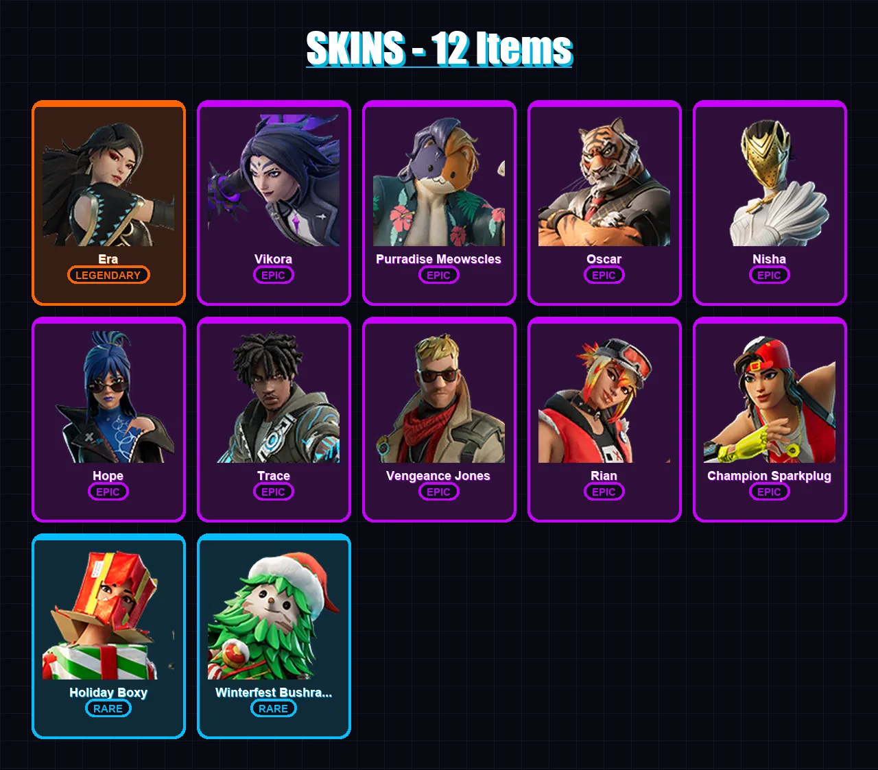 [PC] | Era | Vikora | Purradise Meowscles | Oscar | Nisha | 12 skin | 25 pickaxe | 18 emote | 26 glider | Lv406 — Fortnite account