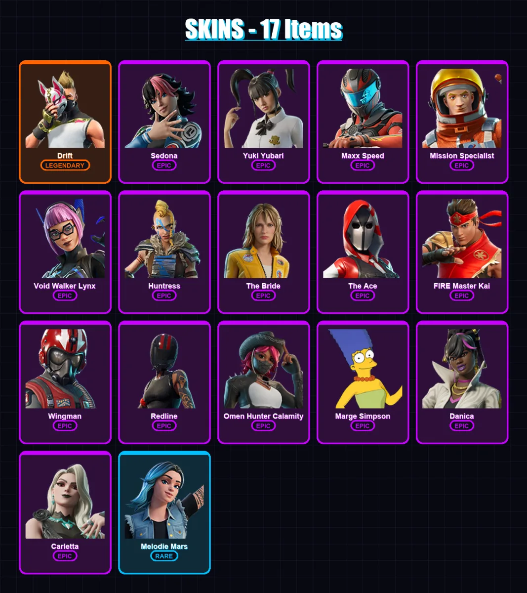 [PC/XBOX/PSN] | Drift | Sedona | Yuki Yubari | Maxx Speed | Mission Specialist | 17 skin | 14 pickaxe | 9 emote | 10 glider | Lv96