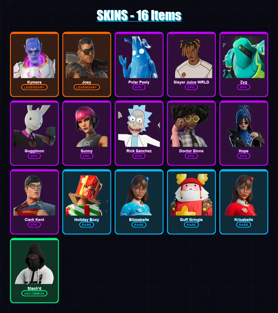 [PC/XBOX/PSN] | Kymera | Joey | Polar Peely | Slayer Juice WRLD | Zyg | 16 skin | 26 pickaxe | 25 emote | 28 glider | Lv570