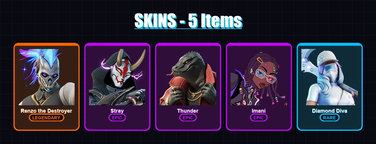 [PC/XBOX/PSN] | Renzo the Destroyer | Stray | Thunder | Imani | Diamond Diva | 5 skin | 9 pickaxe | 10 emote | 11 glider | Lv132