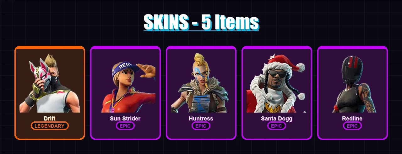 [PC/PSN] | Drift | Sun Strider | Huntress | Santa Dogg | Redline | 5 skin | 12 pickaxe | 8 emote | 11 glider | Lv181