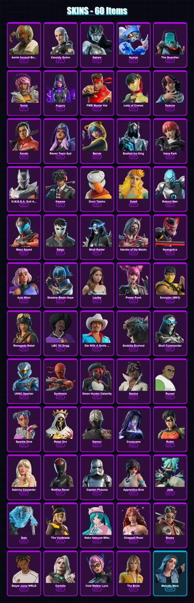 [PC/PSN] | Aerial Assault Bomber | Cassidy Quinn | Sakara | Nyanja | The Guardian | 60 skin | 53 pickaxe | 22 emote | 20 glider | Lv170