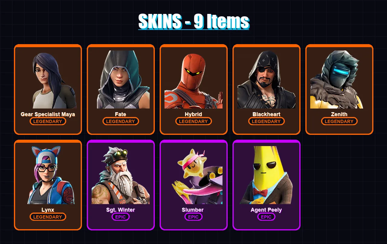 [PC/XBOX/PSN] | Gear Specialist Maya | Fate | Hybrid | Blackheart | Zenith | 9 skin | 8 pickaxe | 10 emote | 7 glider | Lv87
