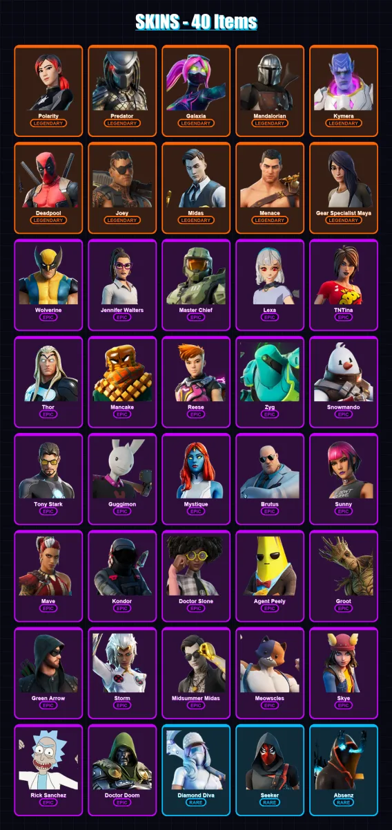 [PC/PSN] | Polarity | Predator | Galaxia | Mandalorian | Kymera | 40 skin | 42 pickaxe | 41 emote | 41 glider | Lv771