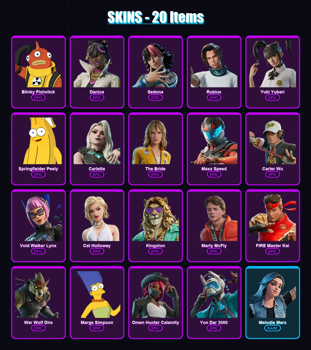 [PC/XBOX/PSN] | Blinky Fishstick | Danica | Sedona | Rubius | Yuki Yubari | 20 skin | 21 pickaxe | 18 emote | 10 glider | Lv99