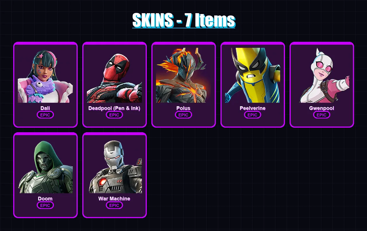 [SWITCH/XBOX/PSN/PC] | Dali | Deadpool (Pen & Ink) | Polus | Peelverine | Gwenpool | 7 skin | 10 pickaxe | 8 emote | 12 glider | Lv68