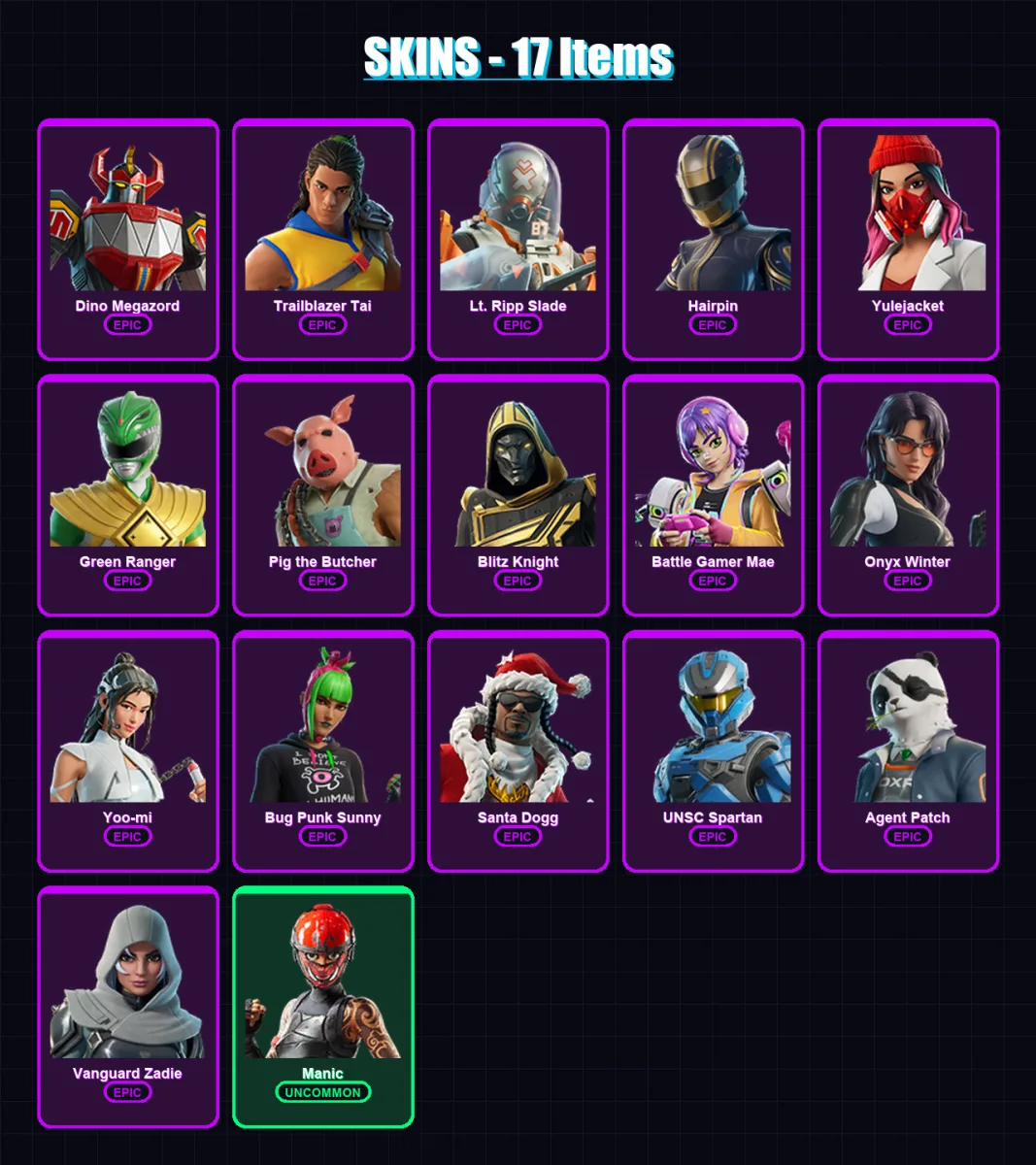 [PC/XBOX/PSN] | Dino Megazord | Trailblazer Tai | Lt. Ripp Slade | Hairpin | Yulejacket | 17 skin | 68 pickaxe | 36 emote | 48 glider | Lv1051 — Fortnite account