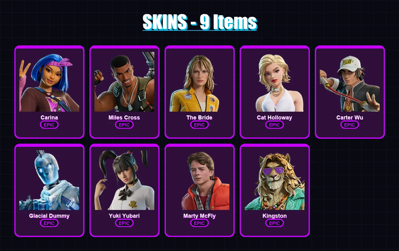 [PC/XBOX/PSN] | Carina | Miles Cross | The Bride | Cat Holloway | Carter Wu | 9 skin | 24 pickaxe | 15 emote | 18 glider | Lv236