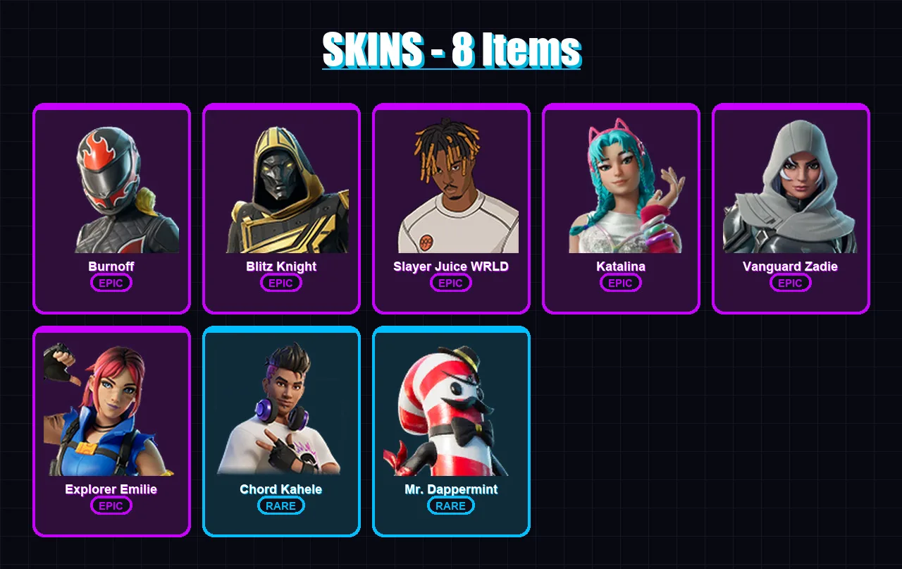 [PC/XBOX/PSN] | Burnoff | Blitz Knight | Slayer Juice WRLD | Katalina | Vanguard Zadie | 8 skin | 42 pickaxe | 18 emote | 32 glider | Lv446
