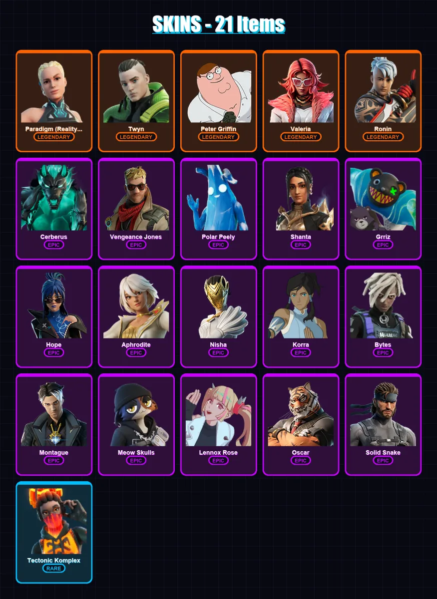 [PC/XBOX/PSN] | Paradigm (Reality-659) | Twyn | Peter Griffin | Valeria | Ronin | 21 skin | 37 pickaxe | 33 emote | 38 glider | Lv704