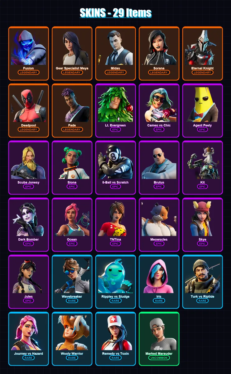 [PC/XBOX/PSN] | Fusion | Gear Specialist Maya | Midas | Sorana | Eternal Knight | 29 skin | 31 pickaxe | 31 emote | 36 glider | Lv540