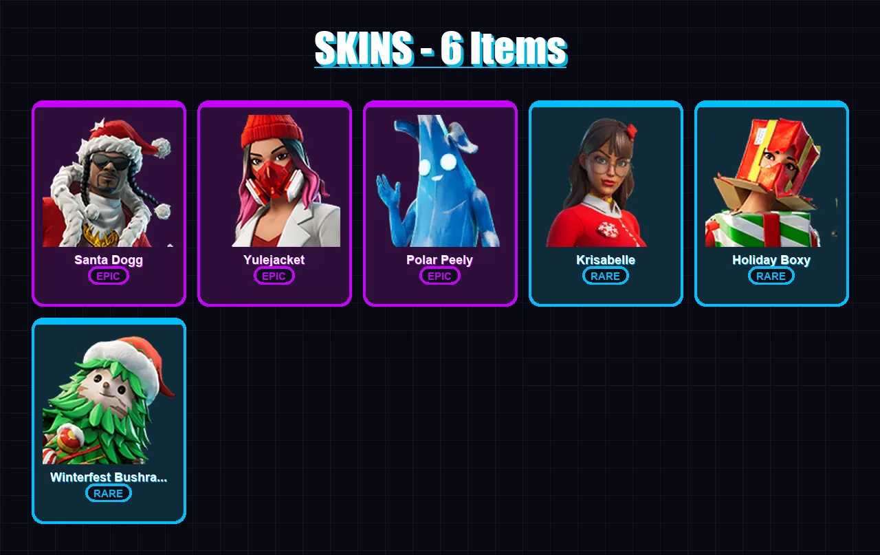 [PC/PSN] | Santa Dogg | Yulejacket | Polar Peely | Krisabelle | Holiday Boxy | 6 skin | 12 pickaxe | 5 emote | 10 glider | Lv48