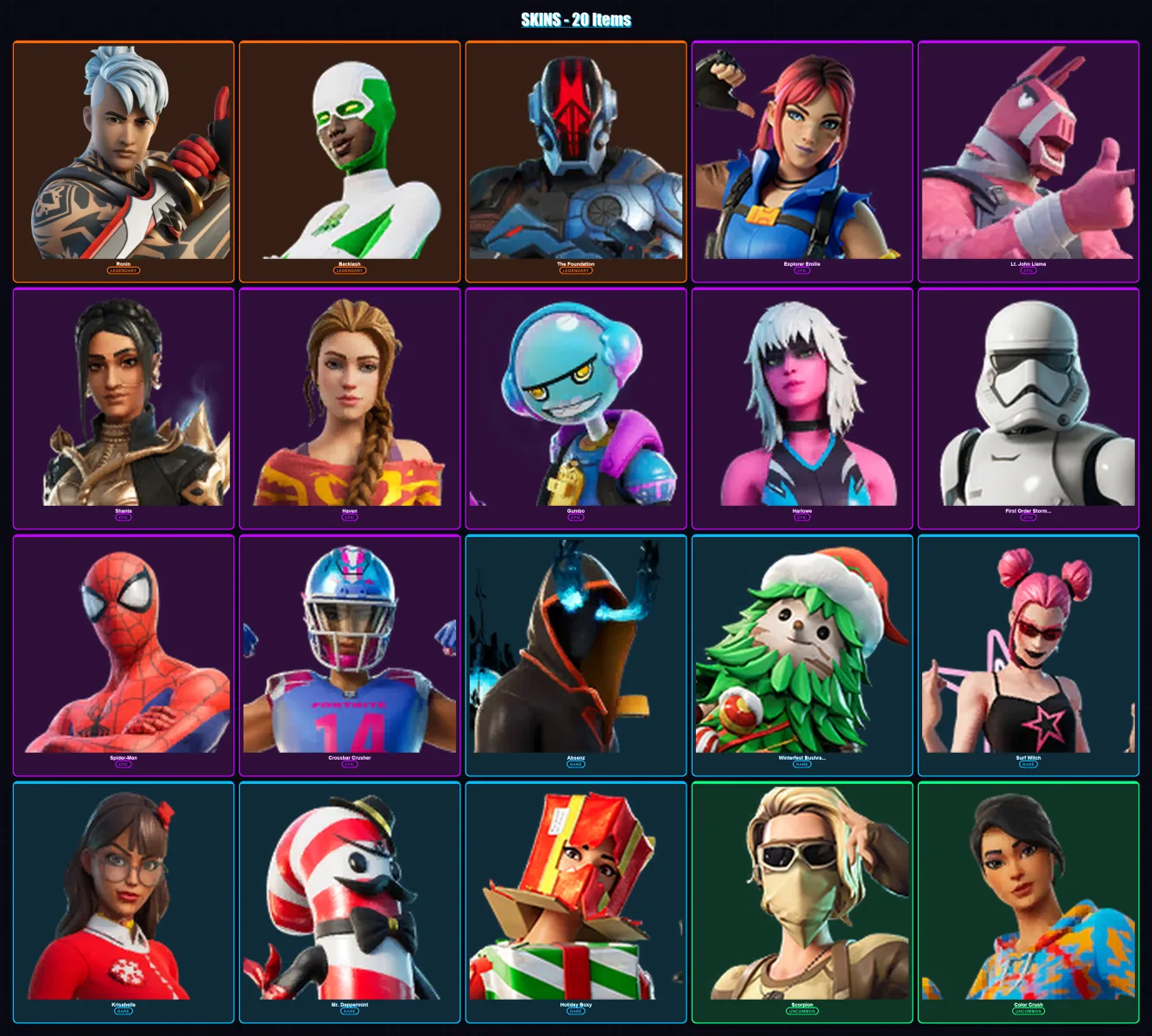 [PC/XBOX/PSN] | Ronin | Backlash | The Foundation | Explorer Emilie | Lt. John Llama | 20 skin | 19 pickaxe | 15 emote | 14 glider | Lv237
