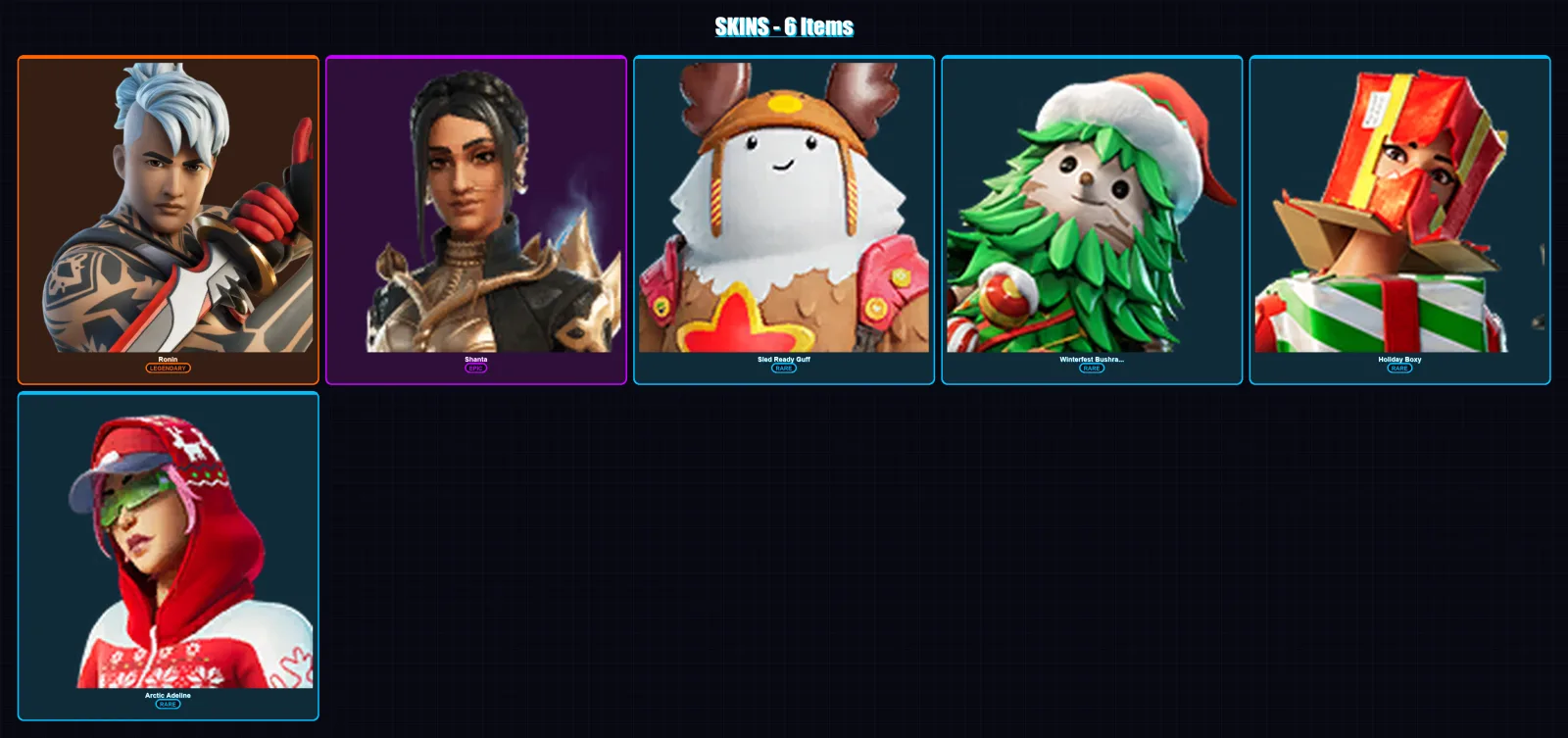 [PC/XBOX/PSN] | Ronin | Shanta | Sled Ready Guff | Winterfest Bushranger | Holiday Boxy | 6 skin | 7 pickaxe | 7 emote | 15 glider | Lv147