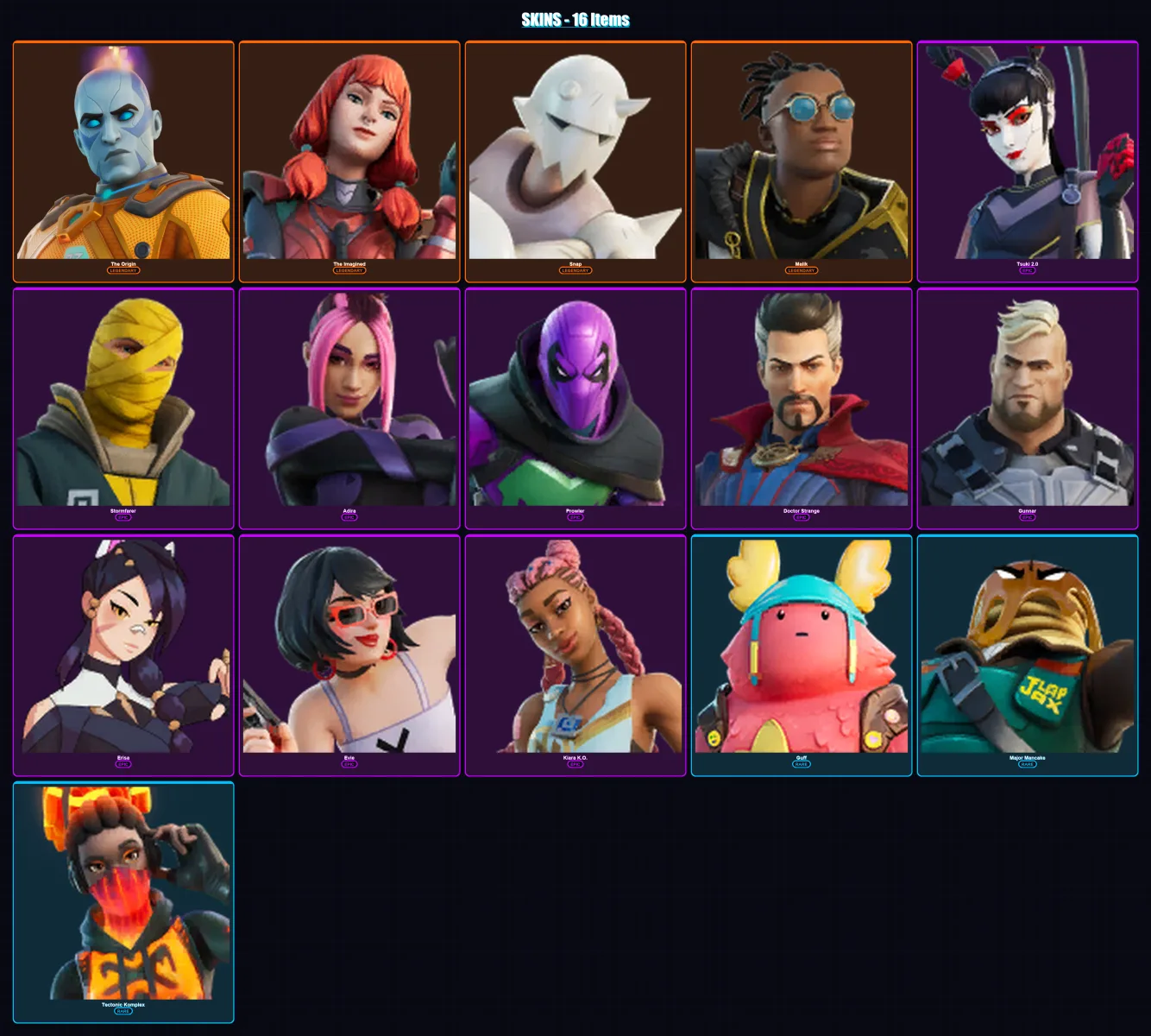 [PC/XBOX/PSN] | The Origin | The Imagined | Snap | Malik | Tsuki 2.0 | 16 skin | 20 pickaxe | 13 emote | 16 glider | Lv265