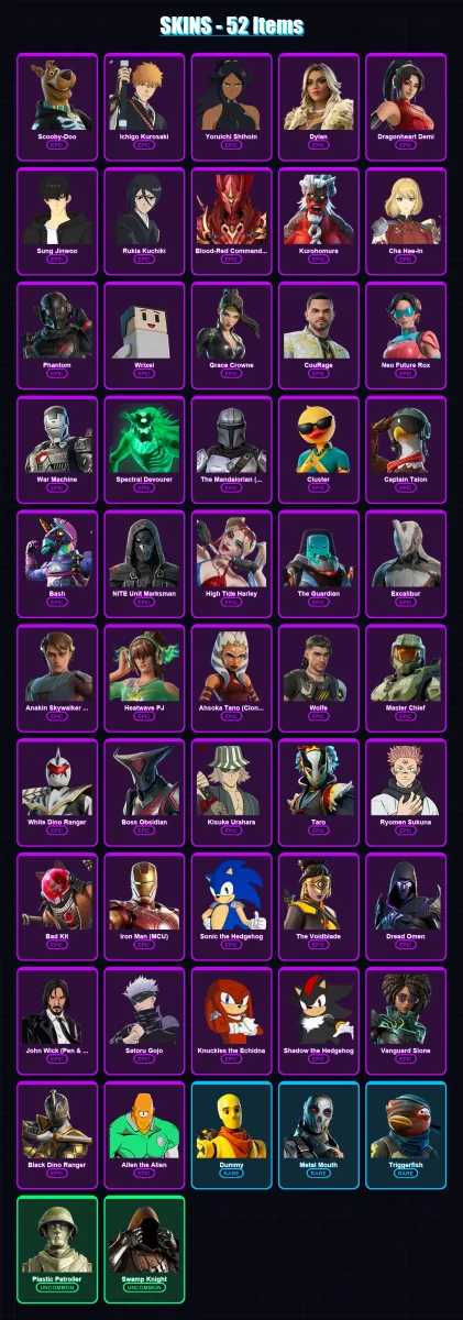 [PC/PSN] | Scooby-Doo | Ichigo Kurosaki | Yoruichi Shihoin | Dylan | Dragonheart Demi | 52 skin | 35 pickaxe | 26 emote | 21 glider | Lv308