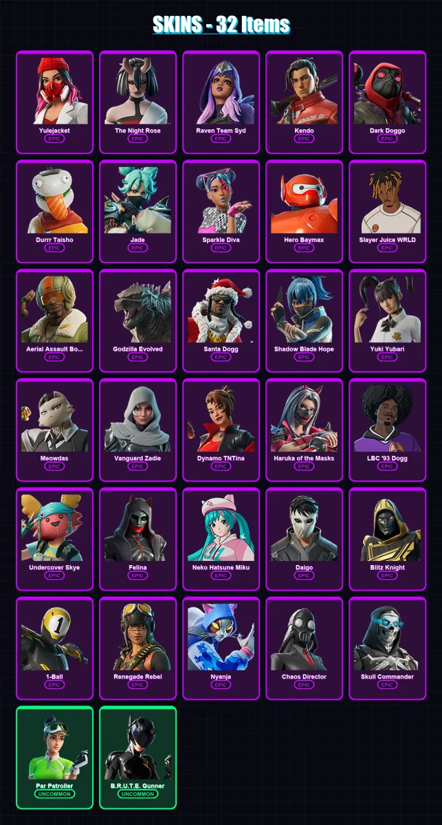 [PC/XBOX/PSN] | Yulejacket | The Night Rose | Raven Team Syd | Kendo | Dark Doggo | 32 skin | 68 pickaxe | 37 emote | 40 glider | Lv746 — Fortnite account